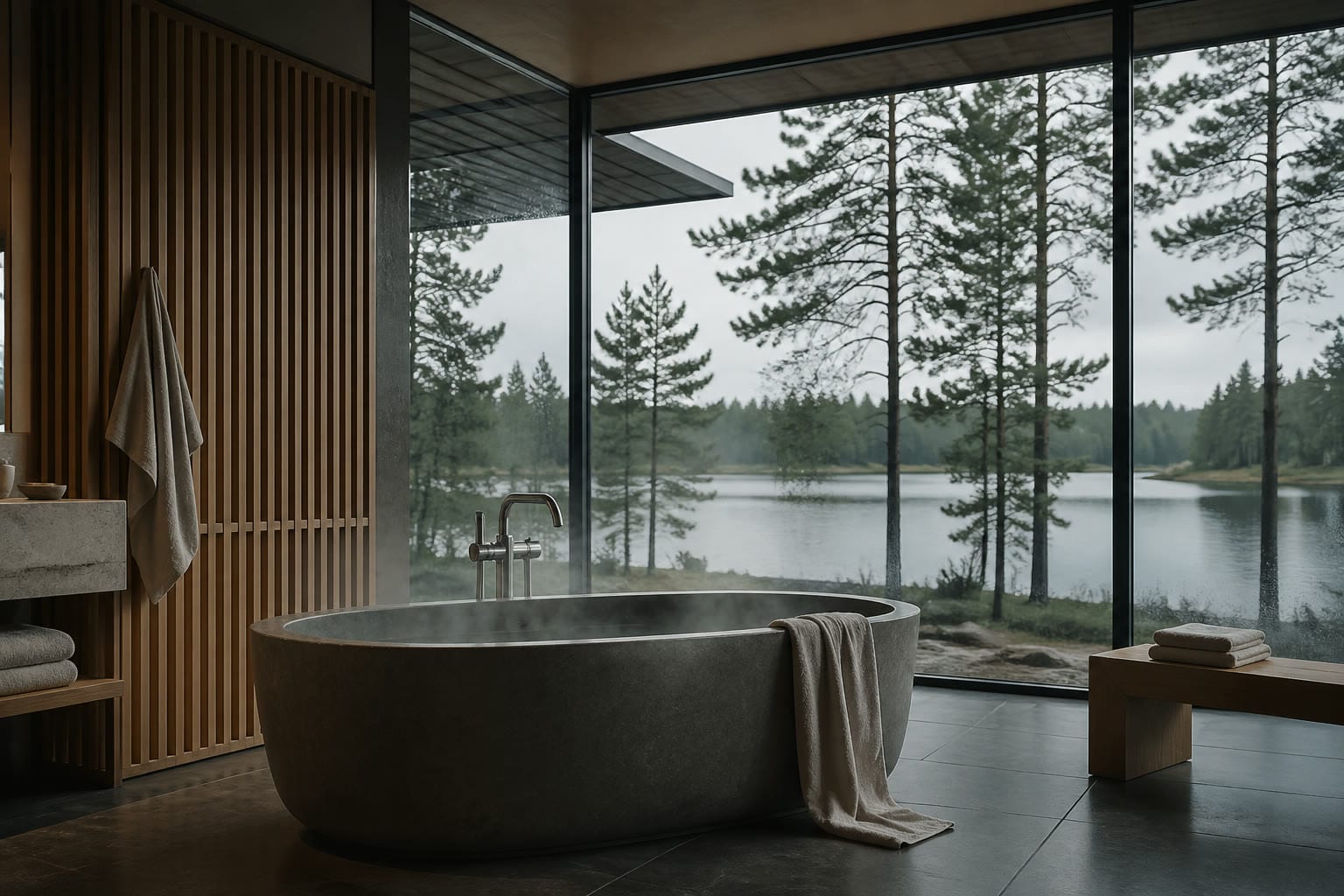 Stone soaking tub in a glass corner bath overlooking pines and still lake water.