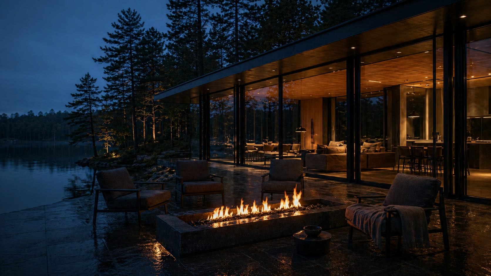 Wet basalt fire terrace outside the glass pavilion at blue hour.