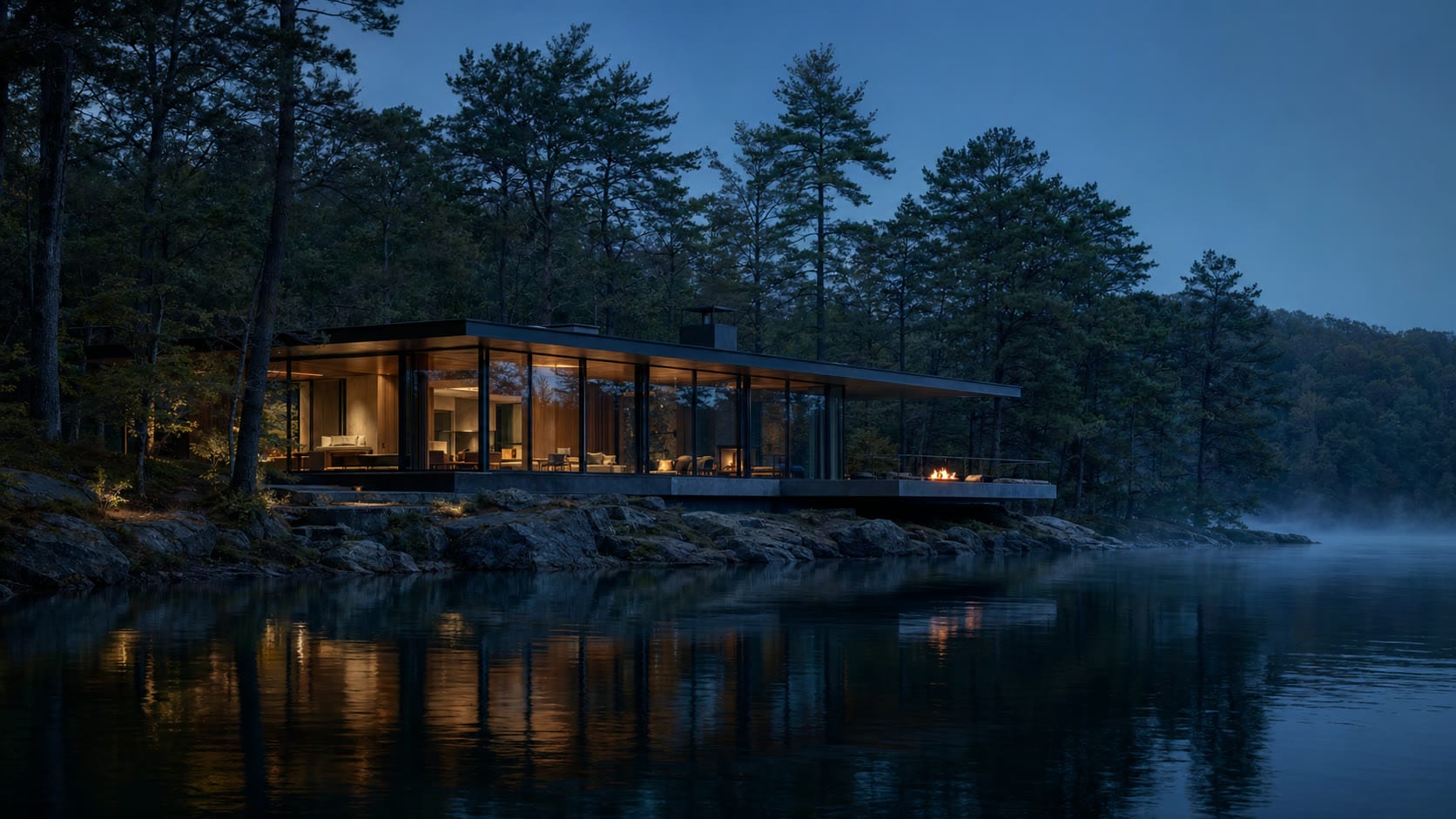 The Glass House glowing at blue hour on a wooded lake edge.