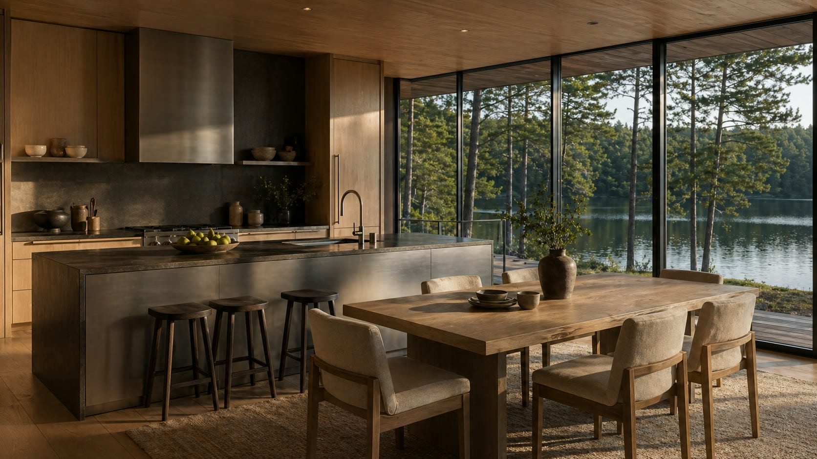 White-oak kitchen and dining room with a brushed stainless island and lake-facing windows.