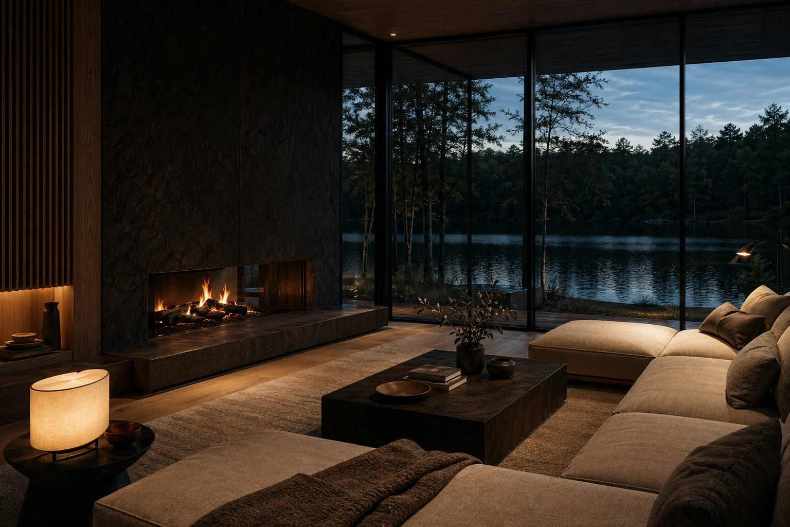 Blue-hour living room with a basalt fireplace and lake-facing glass wall.
