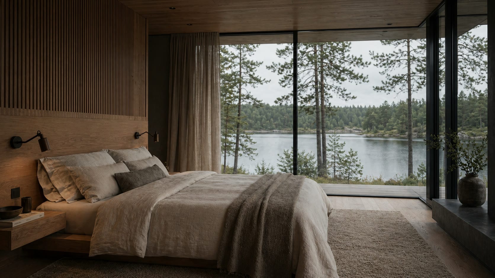 Primary suite with linen bed, white-oak millwork, and a lake view through glass.